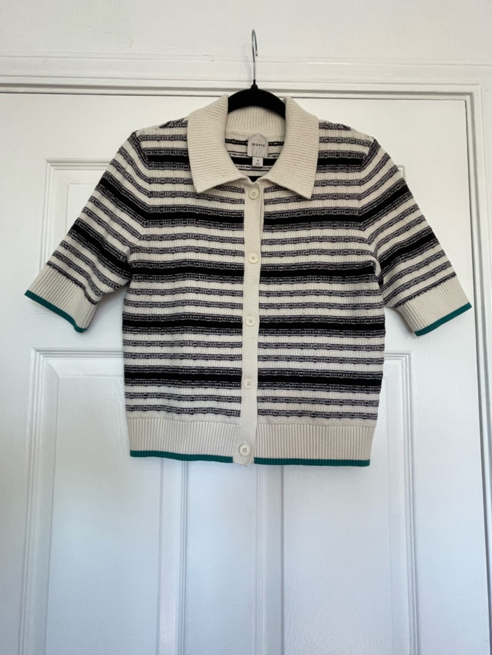 Maeve Cream and Black Striped Short-Sleeve Cardigan with Teal Trim